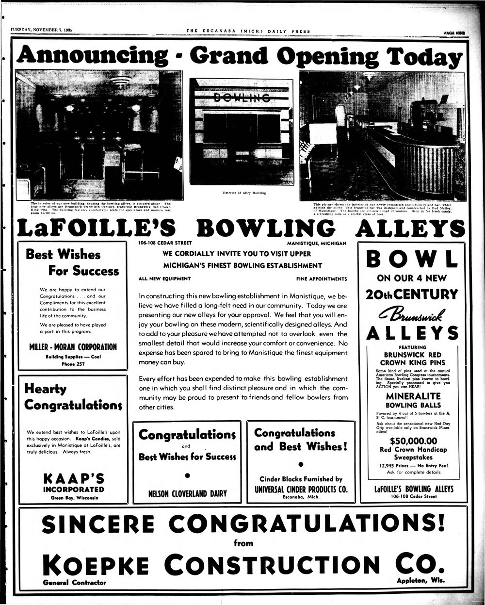 LaFoilles Bowling Alleys - Grand Opening Nov 7 1939 (newer photo)